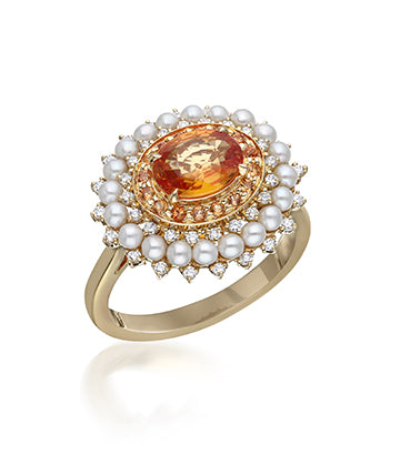 Pearl,Diamond and Orange sapphire ring